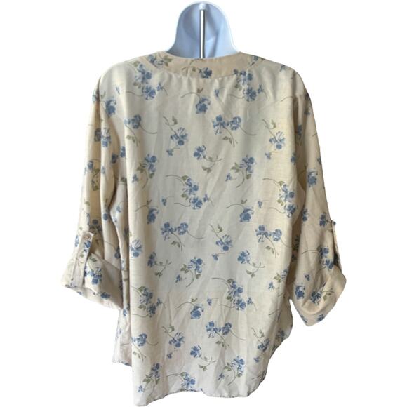 Unbranded 1980s Floral Henley Popover Blouse Blue Cream Roll-Tab Sleeve L - Picture 2 of 5